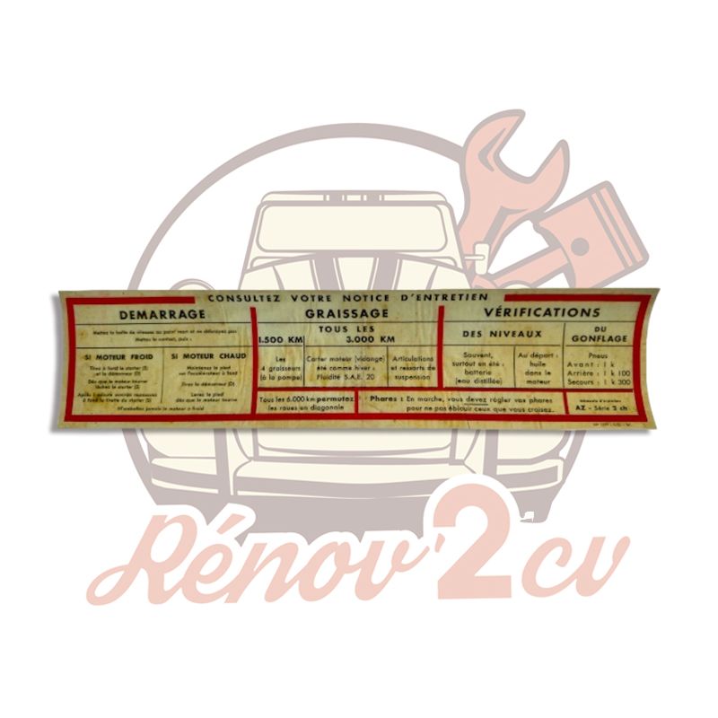 Autocollant NOTICE ENTRETIEN pour pare soleil carton 2CV AZ