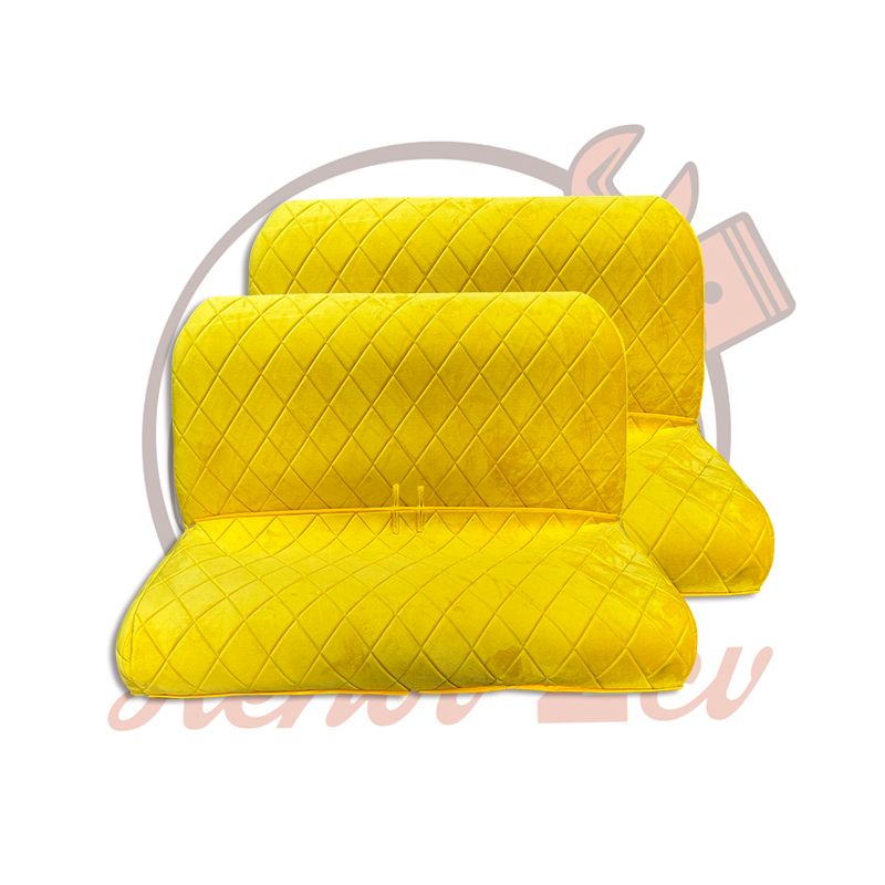 Jeu Garnitures pour 2 Banquettes AV et AR 2CV Daim Moutard avec rabat Jeu Garnitures pour 2 Banquettes AV et AR 2CV Daim Moutard avec rabat