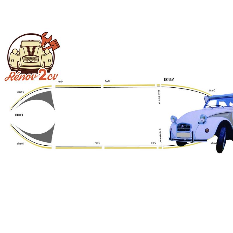 KIT AUTOCOLLANT 2CV DOLLY 1ere SERIE GRIS CORMORAN / BLANCHE